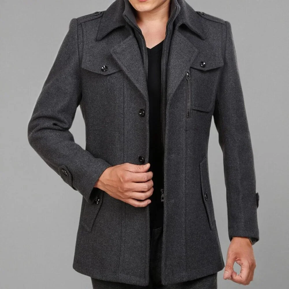 Men's Grey 2 Wool Blend Coat Warm Winter Trench Coat With Detachable Soft Scarf